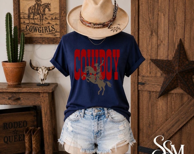 Cowboy Graphic Tee, Rodeo Rider T-Shirt, Western Style Apparel (PNG)