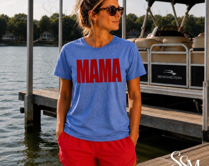 Mama T-Shirt, Red Lettering, Blue Heather Tee (PNG Download)