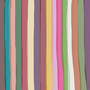 May include: A vertical pattern featuring a series of parallel stripes in various colours including teal, light pink, dark green, maroon, cream, purple, brown, yellow, magenta, light green, white, and terracotta, each with a fine line texture.