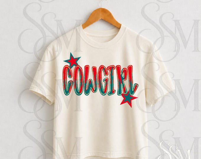 Cowgirl Graphic Tee, Retro Western Style, Stars Design (PNG)