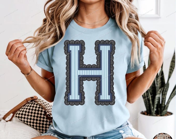 Seersucker Letter H with Lace Overlay (PNG Digital Download)