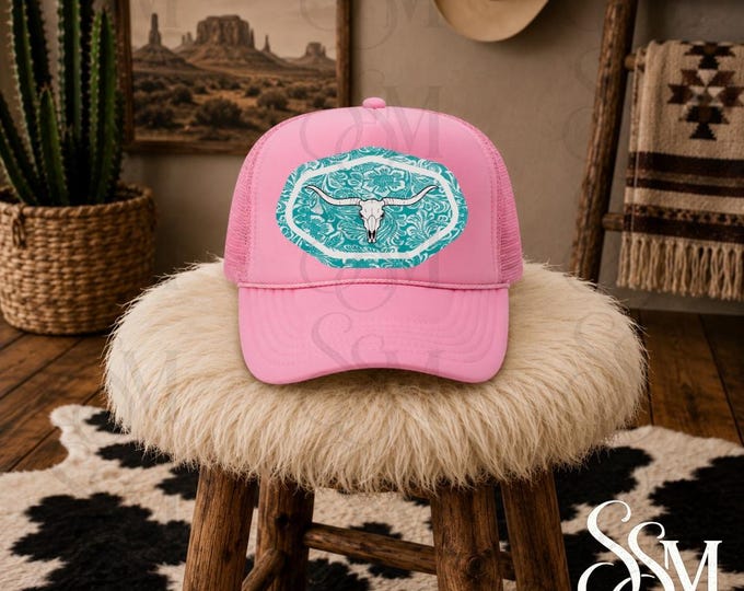 Longhorn Skull Patch Hat: Pink Trucker Cap, Western Style PNG Download