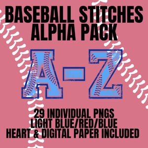 Könnte beinhalten: Rosa Hintergrund mit Baseballnähten und Text. Der Text lautet "BASEBALL STITCHES ALPHA PACK" in Schwarz. Darunter die Buchstaben "A-Z" in Hellblau mit roten Nähten. Zusätzlicher Text enthält "29 INDIVIDUELLE PNGS HELLBLAU/ROT/BLAU HERZ & DIGITALES PAPIER ENTHALTEN."
