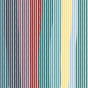 May include: An abstract pattern of vertical stripes in shades of teal, navy, burgundy, red, yellow, and light blue, set against a white backdrop. The stripes have a hand-painted look, with subtle variations in width and texture.