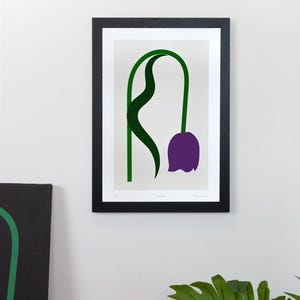 Purple Tulip Print - Matte Paper - Contemporary Fine Art Print - Simple and Elegant Design - Purple Droopy Tulip on Off-white Background
