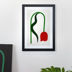 Red Tulip Print - Matte Paper - Bold, Contemporary Fine Art Print - Red Droopy Tulip Design with Off-white Background