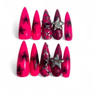 Hot Pink Star Press On Nails | Long Stiletto Handmade Gel-X Nails | Bold Alternative Nail Art | Stiletto press-ons