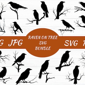 Raven svg Bundle, Raven on Tree Branch SVG, Crow Svg, Raven Svg, Crow Silhouettes, Dark Crow Svg, Crow Clipart, Raven Clipart