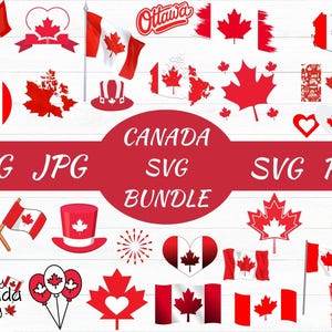 Pode incluir: Uma coleção de gráficos canadenses em vermelho e branco, incluindo bandeiras, folhas de bordo e formas de coração. O texto "Canada SVG Bundle" também está presente. Formatos: PNG, JPG, SVG e PDF.