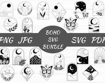 Boho Mountain Landscape SVG Bundle, Geometric Moon Flower (Digital Files)