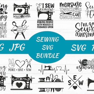 Puede incluir: Una colección de diseños SVG en blanco y negro con temática de costura. Los diseños incluyen máquinas de coser, tijeras y texto como "Sewing is my therapy" y "Sewing makes me happy". La imagen también incluye el texto "SEWING SVG BUNDLE".