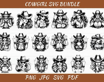 Pakiet Cowgirl SVG, Retro Cowgirl SVG, Country Western Vector, Sylwetka Cowgirl, Western SVG, Vintage Cowgirl SVG, Rocker SVG, Cowgirl Png