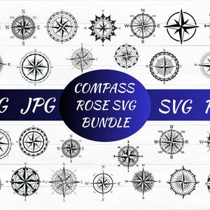 May include: A collection of black and white compass rose designs in various styles. The image includes the text "COMPASS ROSE SVG BUNDLE" with file type indicators: PNG, JPG, SVG, and PDF. The compass rose designs are set against a white wood grain background.