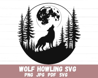 Wolf Howling at Moon SVG | Forest Animals Silhouette Clipart (Instant Download)