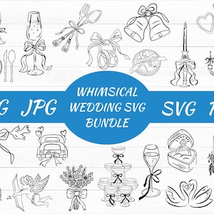 Whimsical Wedding SVG Clipart Bundle with Illustrations, Icons, Doodles for Wedding Invitations, Menu, Bridal Invites, Wavy Squiggle Borders