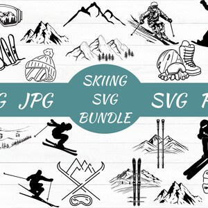 Könnte beinhalten: Ein schwarz-weißes Ski-SVG-Bundle mit verschiedenen Illustrationen. Die Bilder umfassen Skibrillen, Berge, Skier, einen Skifahrer, einen Snowboarder, einen Helm, Stiefel und den Text "SKIING SVG BUNDLE".