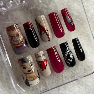 Chucky inspired press on nails, Halloween nails, gift, reusable nails, hand painted nails