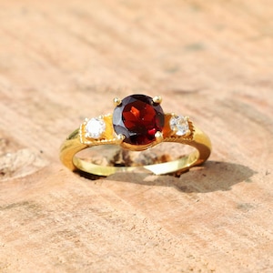 18k Gold Plated Garnet Ring: Sterling Silver Solitaire
