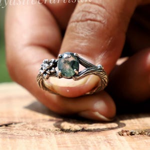 Moss Agate Ring: Sterling Silver Branches, Nature Engagement Band