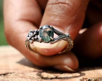 シルバーブランチモスアゲート＆ガーネットリング、925スターリング