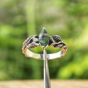 Moss Agate Ring: Sterling Silver Branches & Leaves, Nature Inspired
