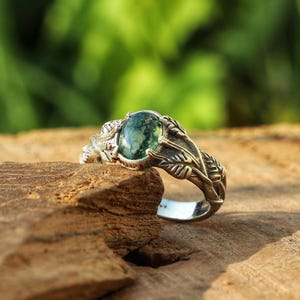 Silver Branches Ring, Moss Agate Ring, 925 Sterling Silver Leaves Ring, Nature Inspired Jewelry, Oval Shape Ring, Birthday Gift Ring For Her