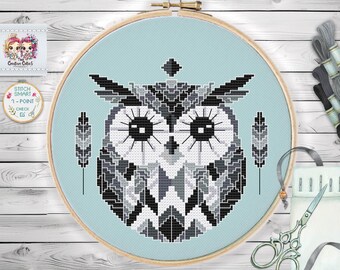 Geometric Owl Cross Stitch Pattern: Modern Feathered Design (PDF)