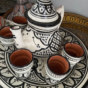 Handmade Moroccan Ceramic Tea Set – Traditional Teapot with Cups & Tray – Artisan Hand Painted Moroccan Pottery – Moroccan Tea Serving Set