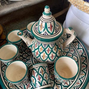 Handmade Moroccan Ceramic Tea Set – Traditional Teapot with Cups & Tray – Artisan Hand Painted Moroccan Pottery – Moroccan Tea Serving Set