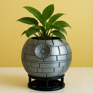May include: A silver-colored, spherical planter resembling the Death Star from Star Wars, with a green plant inside. The planter sits on a black, circular stand. The plant has large, green leaves.
