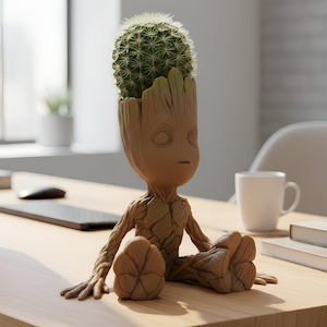 Puede incluir: Un macetero marrón con forma de Groot que contiene un cactus verde. El macetero tiene una textura de madera detallada y está sobre un escritorio de madera. Una taza blanca y un teclado también están en el escritorio.