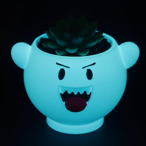 Peut inclure: Un pot de fleurs blanc et lumineux en forme de fantôme de dessin animé avec une expression menaçante. Le pot a des yeux noirs, une bouche grande ouverte avec une langue rouge et de petites protubérances en forme d'oreilles. Une plante succulente verte est à l'intérieur.