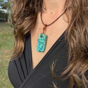 Vibrant Blue Patina Copper Necklace – Handmade Turquoise Rectangle Pendant, Bold Artisan Jewelry on Leather Cord