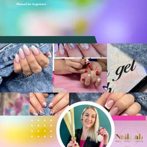 Può includere: Una copertina di libro intitolata "BOOK OF NAILS" con il sottotitolo "Manuale per principianti". L'immagine include esempi di nail art e un ritratto di un'artista di unghie che tiene un trofeo e una medaglia. È visibile anche il logo Nail Lab.
