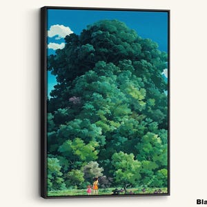May include: A framed canvas print depicting a detailed illustration of a large, green tree under a blue sky with white clouds. Two figures are at the base of the tree. The canvas is in a black frame.