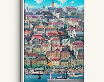 Kiki’s Delivery Service Print Canvas Poster, Studio Ghibli Wall Art Gift, Hayao Miyazaki Cityscape Artwork, Anime Movie Decor