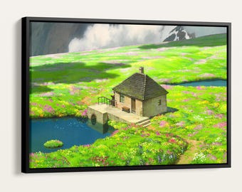 Howl’s Moving Castle Poster, Studio Ghibli Landscape Print, Fantasy Canvas Wall Art, Anime Gift for Movie Lovers