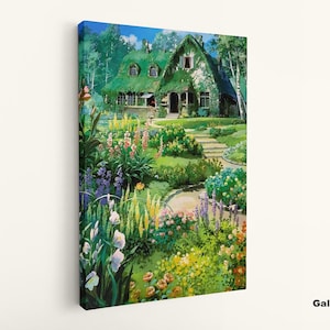 May include: Canvas art print of a cottage with a green roof, surrounded by a lush garden filled with colorful flowers. A stone path leads to the front door. The artwork is displayed on a white wall.