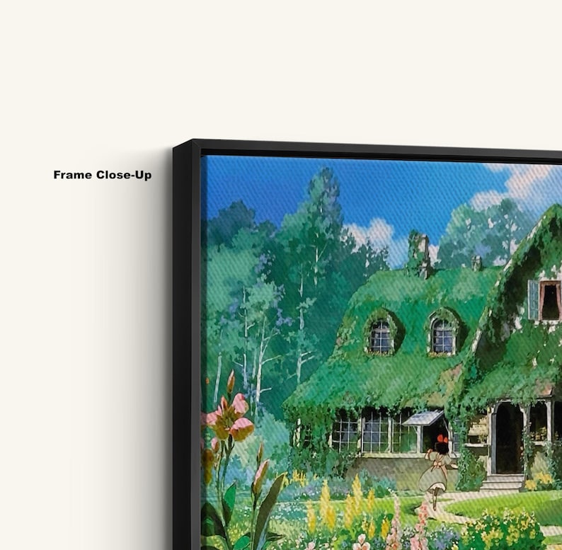 May include: Close-up of a framed canvas print featuring a vibrant illustration of a cottage with a green roof, surrounded by lush greenery and flowers. The sky is a bright blue. The text "Frame Close-Up" is visible on the frame.