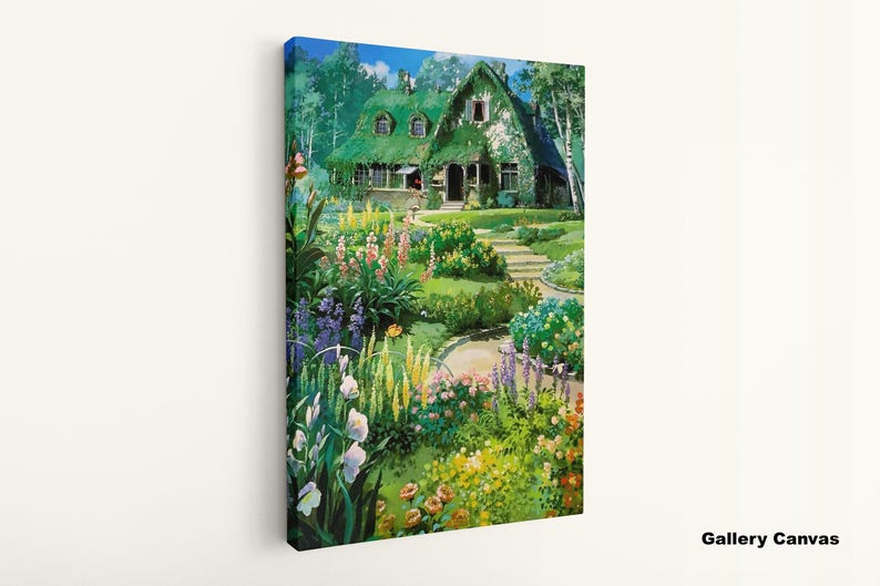 May include: Canvas art print of a cottage with a green roof, surrounded by a lush garden filled with colorful flowers. A stone path leads to the front door. The artwork is displayed on a white wall.