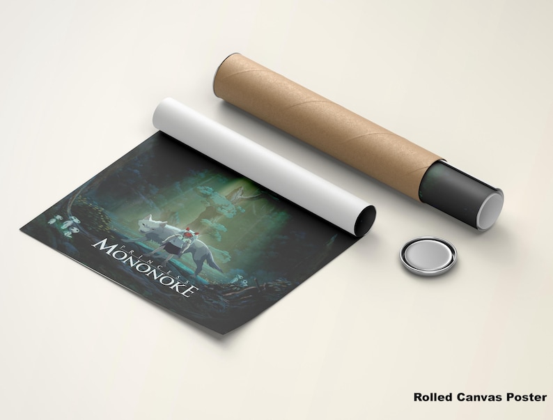 May include: A rolled canvas poster featuring a fantasy illustration with the text "Princess Mononoke." The artwork depicts a figure riding a wolf in a forest setting. The poster is accompanied by a brown cardboard tube and a white rolled paper.