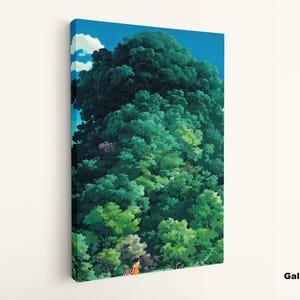 May include: Canvas art print showing a vibrant illustration of a lush green forest under a bright blue sky with fluffy white clouds. The artwork depicts a dense canopy of trees with varying shades of green and a hint of pink flowers.