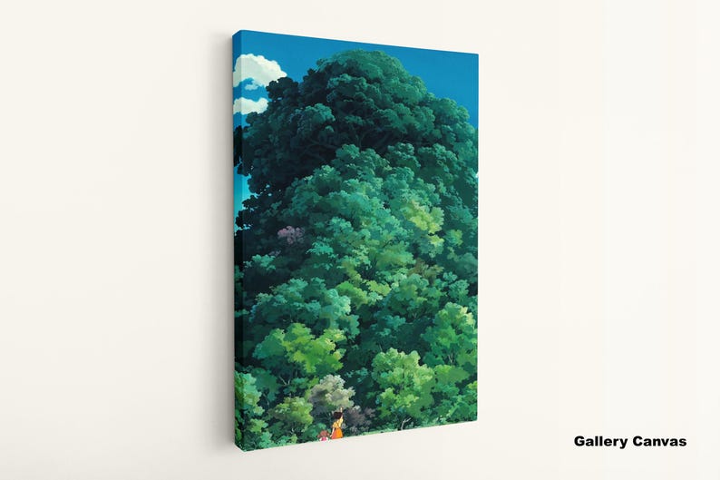 May include: Canvas art print showing a vibrant illustration of a lush green forest under a bright blue sky with fluffy white clouds. The artwork depicts a dense canopy of trees with varying shades of green and a hint of pink flowers.