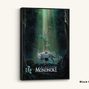 May include: Black framed canvas art featuring a scene from "Princess Mononoke." The artwork depicts a girl with a wolf in a forest setting, with the title of the film at the bottom. The forest is illuminated by beams of light.