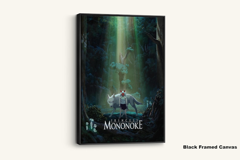 May include: Black framed canvas art featuring a scene from "Princess Mononoke." The artwork depicts a girl with a wolf in a forest setting, with the title of the film at the bottom. The forest is illuminated by beams of light.