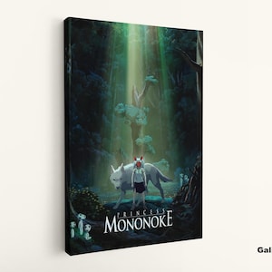 May include: A canvas print of a scene from Princess Mononoke. The artwork depicts a girl with a wolf in a forest setting, with the title at the bottom. The color palette is dominated by greens and blues, with a bright light shining down from above.