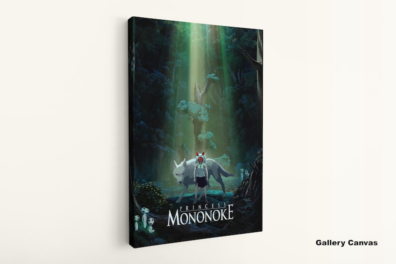 May include: A canvas print of a scene from Princess Mononoke. The artwork depicts a girl with a wolf in a forest setting, with the title at the bottom. The color palette is dominated by greens and blues, with a bright light shining down from above.