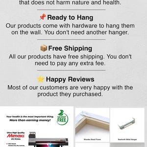 May include: Image showcasing product features: 100% natural cotton canvas, ready to hang with included hardware, free shipping, and happy customer reviews. Includes a Mimaki UV printer, wooden back frame, sawtooth metal hanger, floating frame, and cotton canvas.