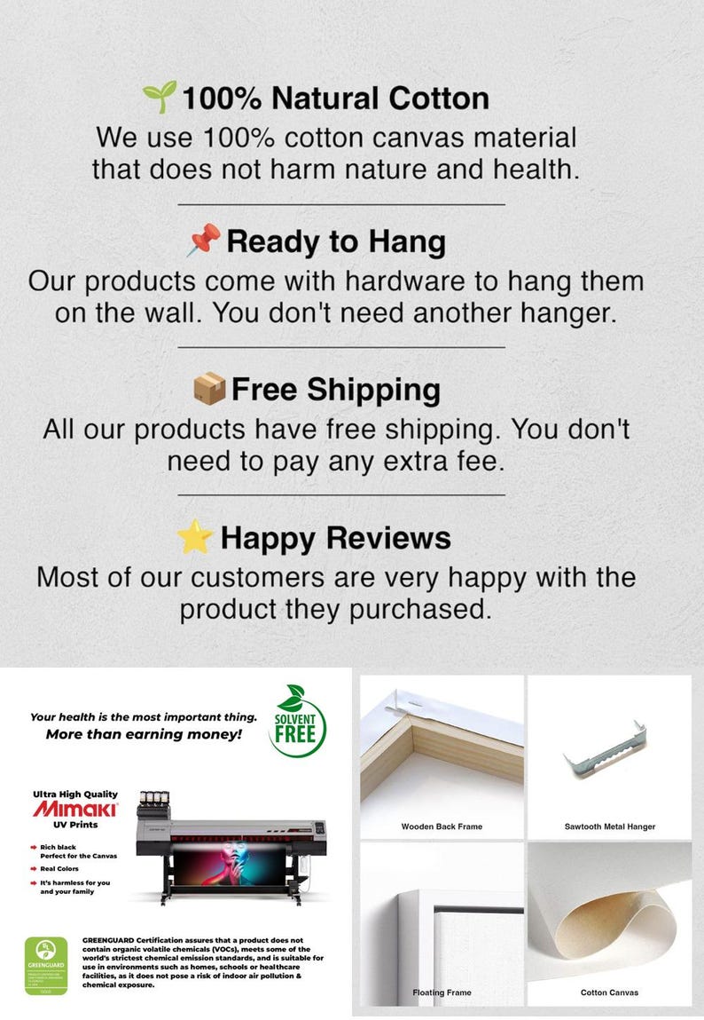 May include: Image showcasing product features: 100% natural cotton canvas, ready to hang with included hardware, free shipping, and happy customer reviews. Includes a Mimaki UV printer, wooden back frame, sawtooth metal hanger, floating frame, and cotton canvas.