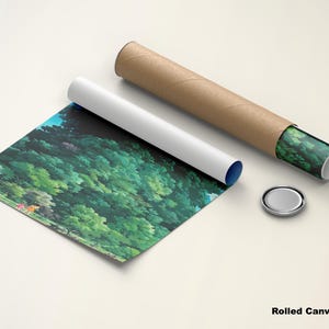 May include: Rolled canvas poster depicting a lush forest scene with green trees and a hint of blue sky. The poster is partially unrolled, showing the artwork, alongside a rolled tube and a silver cap. The text "Rolled Canvas Poster" is visible.